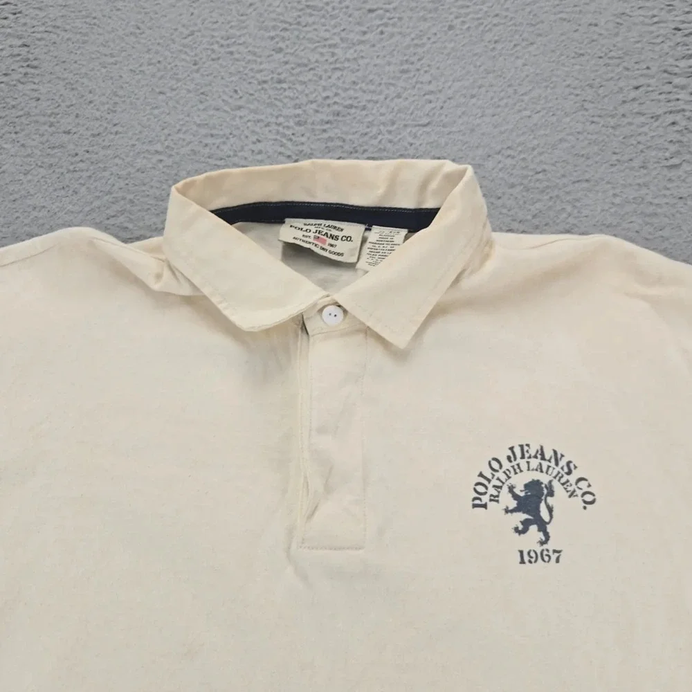 Ralph Lauren Polo Jeans Shirt Mens XL Tan‎ Vintage Large Print 67 Spellout Y2K